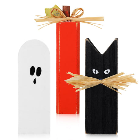FairySandy 3 Pcs Halloween Table Decor Farmhouse Wooden Black Spooky Cats Block Decor Ghosts Pumpkin Tabletop Sign Halloween Tiered Tray for Rustic Home Shelf Decoration FairySandy
