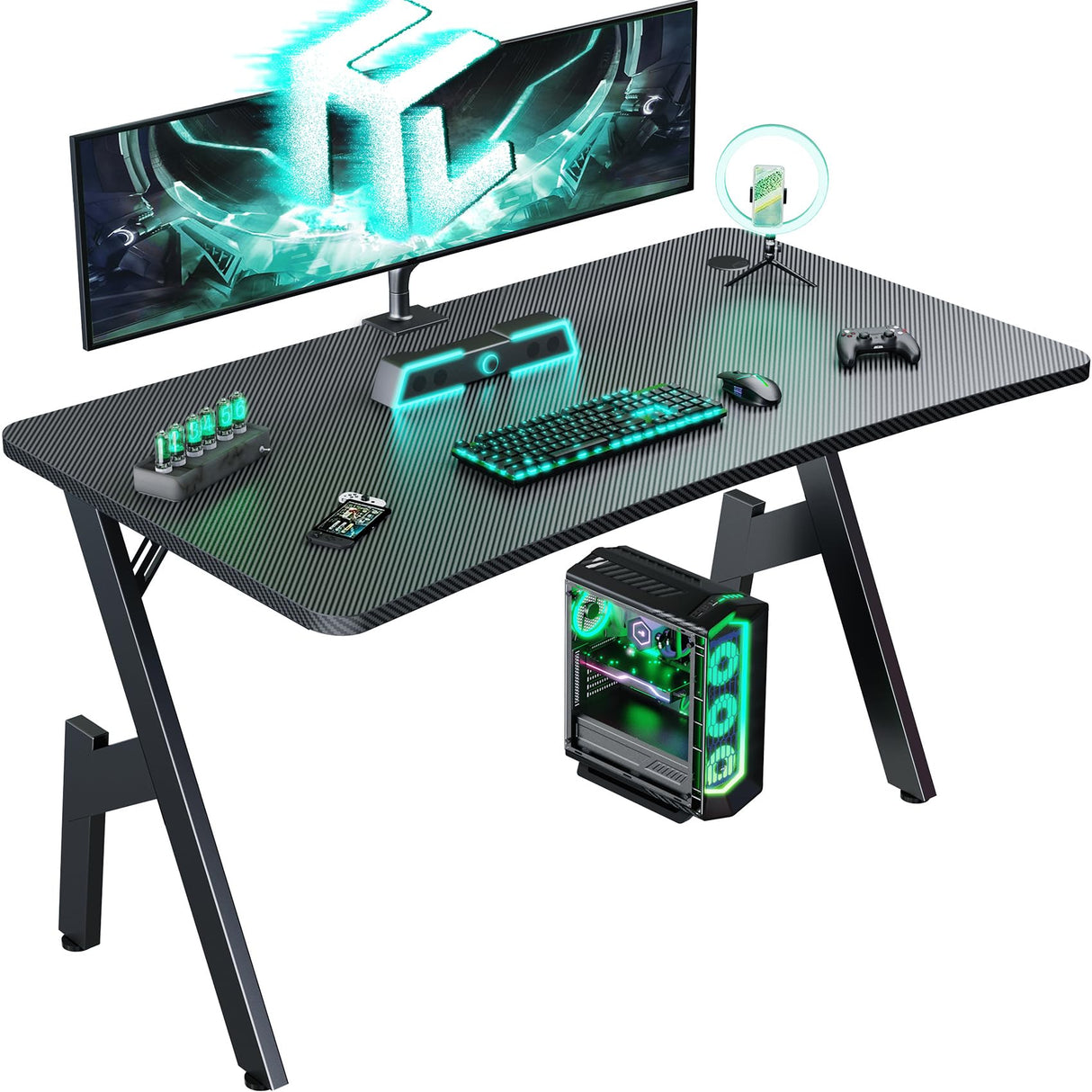HLDIRECT 40 Inch Gaming Desk with Carbon Fibre Surface- A Shape Large Computer Desk Gaming Table Ergonomic Pc Gaming Workstation Home Office Desks HLDIRECT