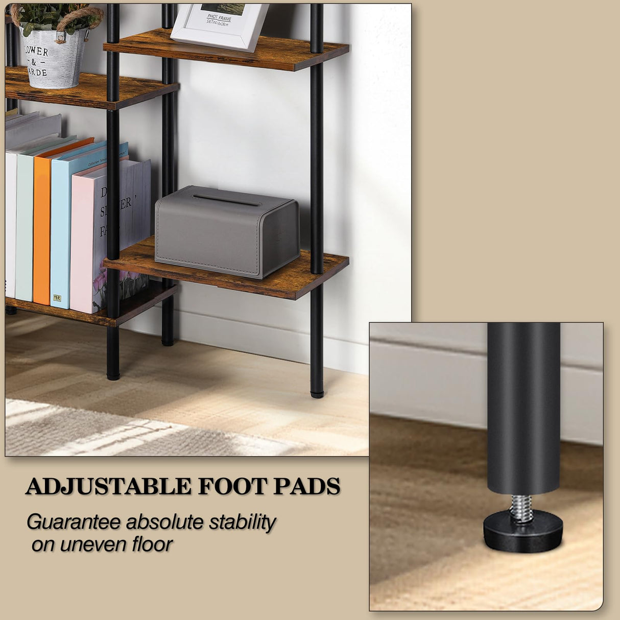 Shinoske 4-Tier Bookshelf,Small Triple Wide Bookcase for Books,CDs,Movies,Display Shelf with 10 Open Shelves for Living Room,Home Office,Balcony,Rustic Brown Shinoske