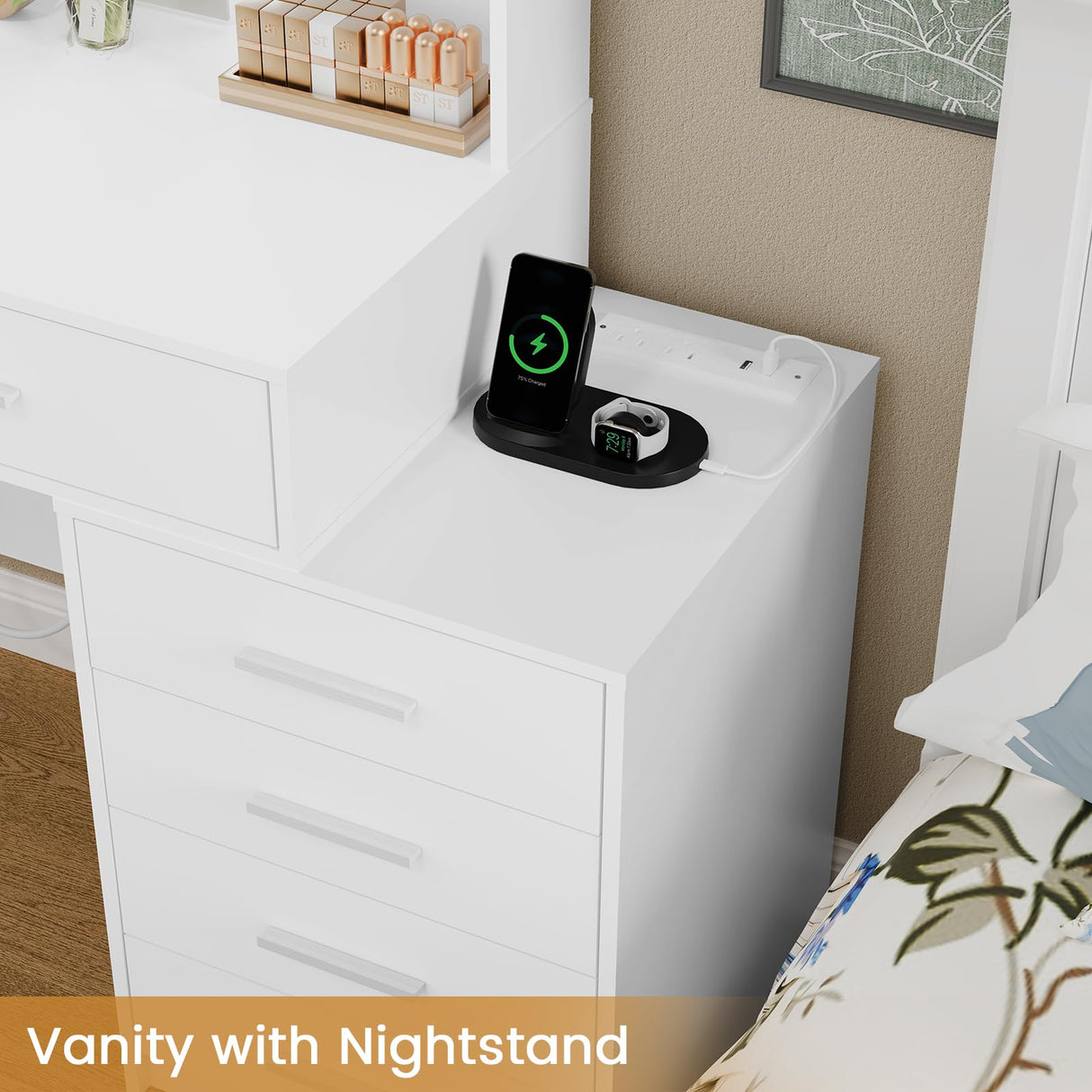 Quimoo 48" Large Vanity Desk with Mirror & Lights, Makeup Vanity Table with 6 Drawers & Power Outlet, 4 Open Storage Shelves, Vanity Desk Set with Stool, for Women Girls, White Quimoo