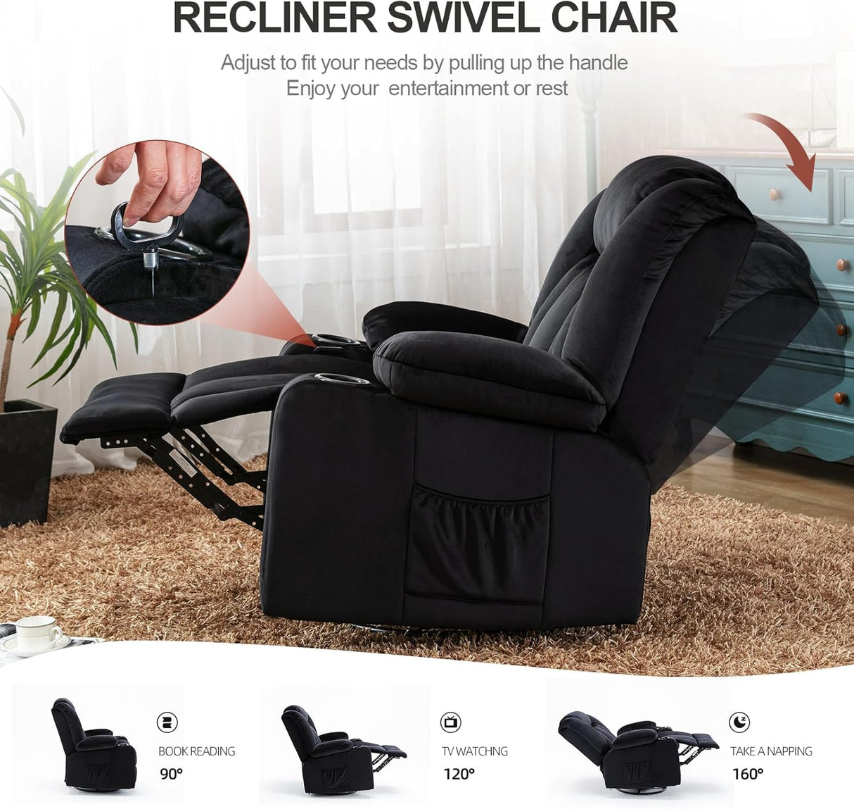 COMHOMA Recliner Chair,360° Swivel Rocker Glider Recliners with Cup Holders, Upholstered Fabric Rocking Chair for Adults,Manual Reclining Single Sofa for Living Room,Black COMHOMA