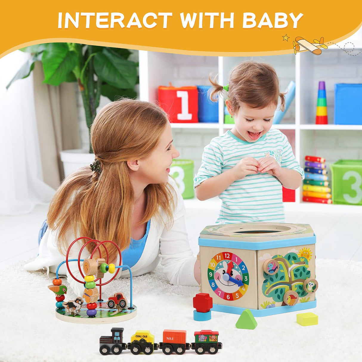Wooden Activity Cube 9-in-1 Montessori Toys for 1+ Year Old Boys Girls Educational Learning Toys for Toddlers Age 1-2 One Year Old First Birthday Gift Bead Maze Magnetic Trains Track Shape Sorter FOPNETS