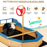 HONEY JOY Pirate Ship Kids Sandbox, Wooden Bottomless Sand Boat with Liner, Sand Pit w/Realistic Flag & Steering Wheel, Storage Bench Seat w/Backrest, Outdoor Sand Boxes for Kids Backyard HONEY JOY