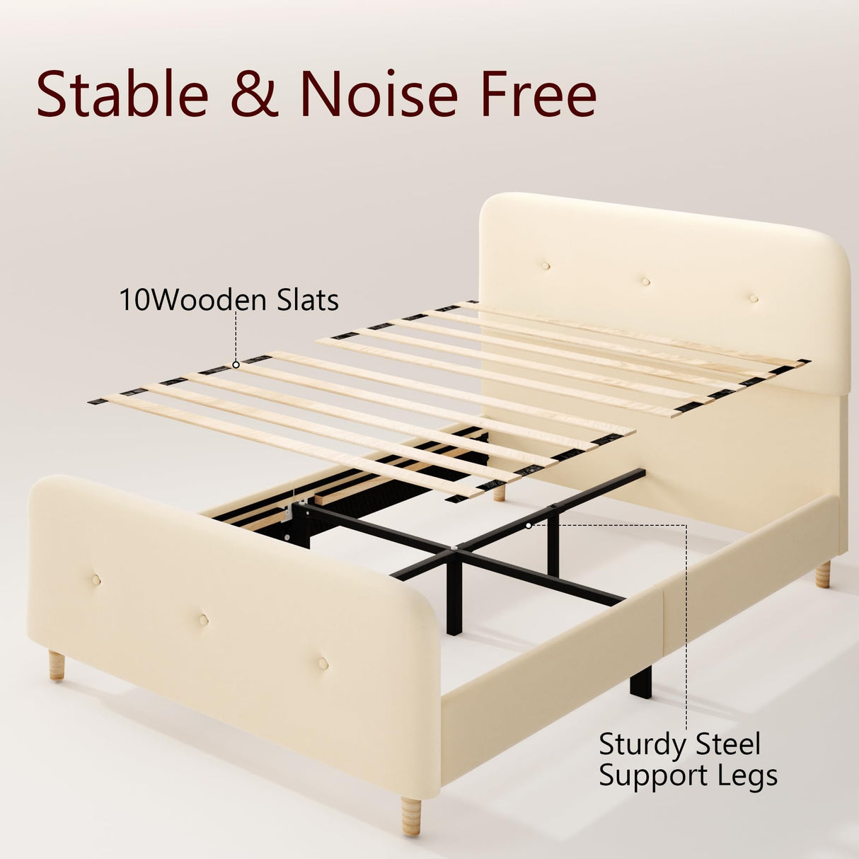 Queen Size Platform Bed Frame with Velvet Upholstered Headboard, Button Tufted Headboard and Footboard, Anti-Collision Soft Rounded Corners, No Box Spring Needed, Easy Assembly, Beige viplov