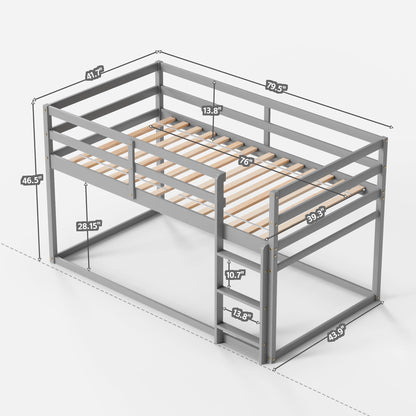 TOLEAD Low Bunk Bed Twin Over Twin, Floor Bunk Bed with Ladder, Twin Bunk Bed with Full Guardrails, Wooden Bunk Bed for Juniors, Boys, Girls, Kids, Bedrooms (Grey)