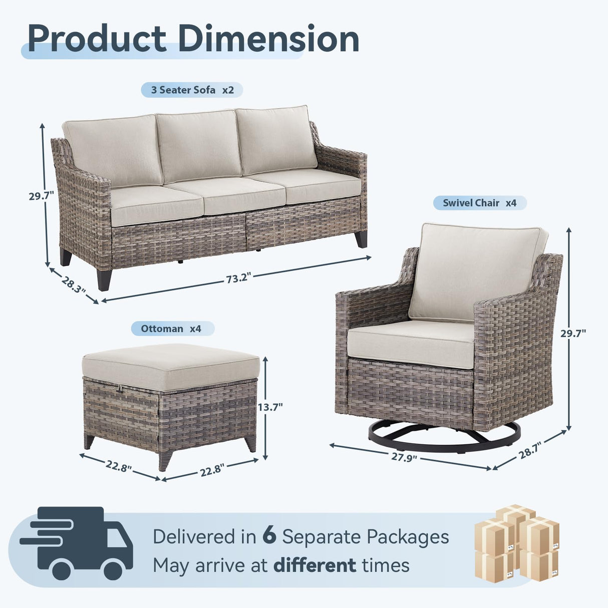 AMCLOBA 10 Piece Patio Furniture Set-High Back Outdoor Furniture Set Sectional Sofa with Wicker Swivel Patio Chairs,Comfy Cushions Ottomans for Porch Balcony Patio Deck Grey/Beige AMCLOBA