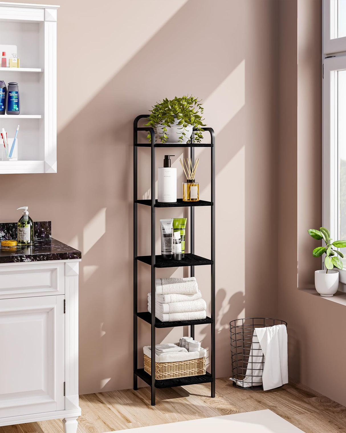 Hzuaneri Bookcase Bookshelf, Narrow Book Shelf, Industrial Corner Shelf Storage Organizer, Slim Shelving Unit for Home Office, Living Room, Bedroom, Kitchen, 5-Tier Black BC24504B Hzuaneri