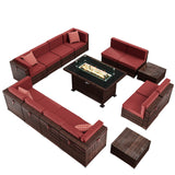 Amopatio Outdoor Patio Furniture Set with Gas Fire Pit Table, 15 Pieces Patio PE Wicker Pit Sectional Sofa, 44" Glass Gas Fire Patio Sectional Furniture with Burgundy Cushions, Coffee Tables, Covers Amopatio