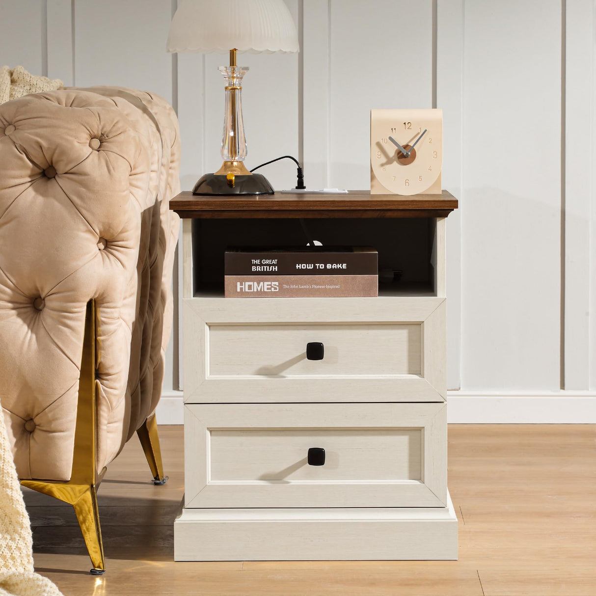 ENOUSHU Night Stand Set 2 with Charging Station, Bedside Table with 2 Drawers Storage and Open Shelf, Wood Farmhouse Nightstands with Outlets for Bedroom Office, White ENOUSHU