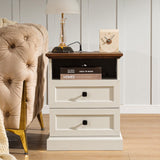 ENOUSHU Night Stand Set 2 with Charging Station, Bedside Table with 2 Drawers Storage and Open Shelf, Wood Farmhouse Nightstands with Outlets for Bedroom Office, White ENOUSHU