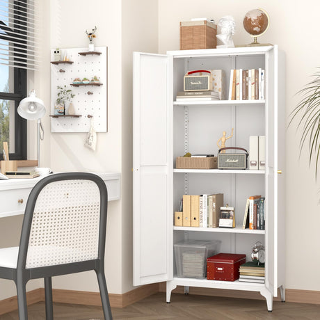 GREATMEET 65" Food Pantry Cabinet, Tall Kitchen Pantry Cabinet, White Metal Farmhouse Kitchen Cupboard with Doors and Adjustable Shelves for Dining Room, Living Room and Laundry GREATMEET