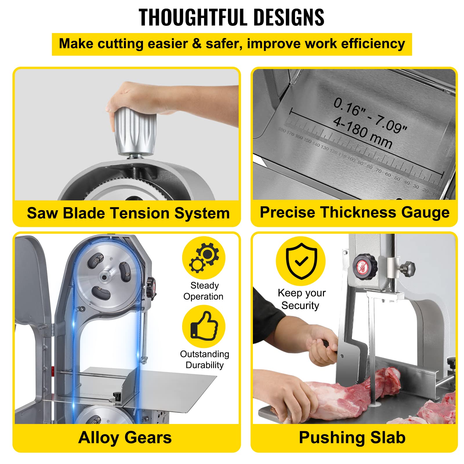 VEVOR 110V Bone Saw Machine, 1500W Frozen Meat Cutter, 2.1HP Butcher Bandsaw, Thickness Range 4-180mm, Max Cutting Height 215mm, Worktable 19.3x17.3inch, Sawing Speed 19m/s, Equipped with 6 S - WoodArtSupply