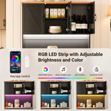 ELYKEN 71" Pantry Cabinet with Charging Station & LED Lights, Tall Kitchen Pantry with Hutch, Microwave Stand, Farmhouse Pantry with Door Shelf & Drawer & Adjustable Shelf for Dining Room, Black ELYKEN