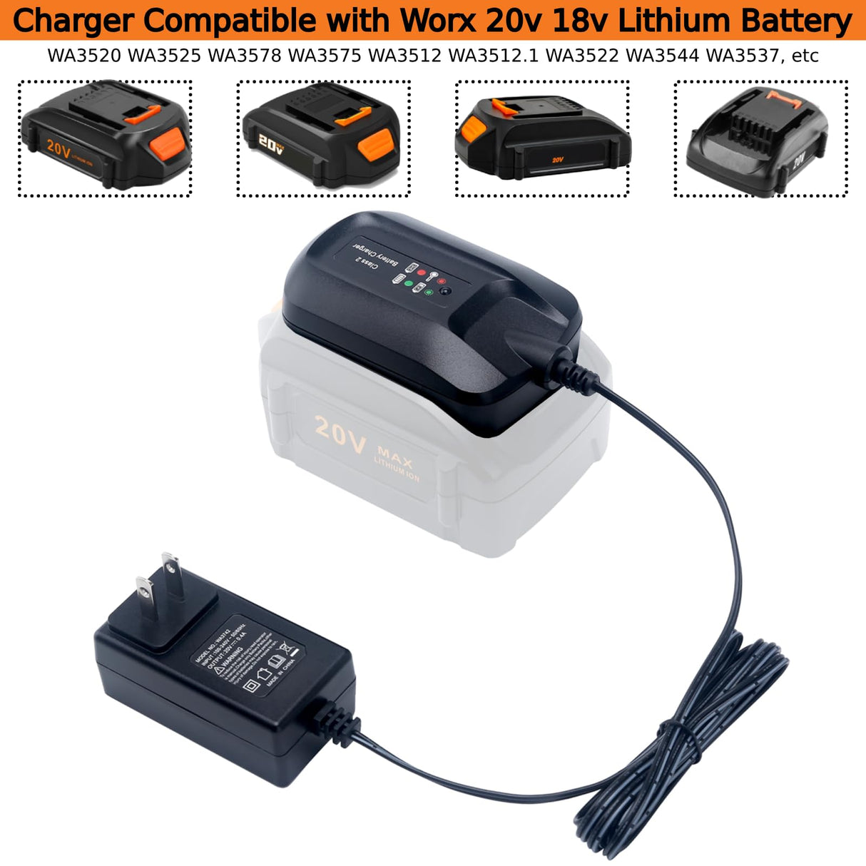 Tulepowceeng WA3742 Charger Compatible with Worx 20V Lithium Battery WA3525 WA3520 WA3578 Replacement for 20v Battery Charger WA3732 WA3875 WA3881 Tulepowceeng
