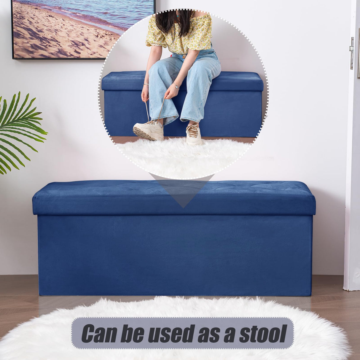 BRIAN & DANY 43 Inches Folding Storage Ottoman Bench, Velvet Ottoman with Storage for Living Room, Long Shoes Bench,Flannelette Footrest Benches Seat (Blue) BRIAN & DANY