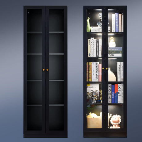 Alvisyd 5 Tier Metal Curio Cabinets, Modern Bookshelf Cabinet with 4 Adjustable Shelves, Cabinet Display Case for Home Office, Living Room, Pantry (Black) Alvisyd