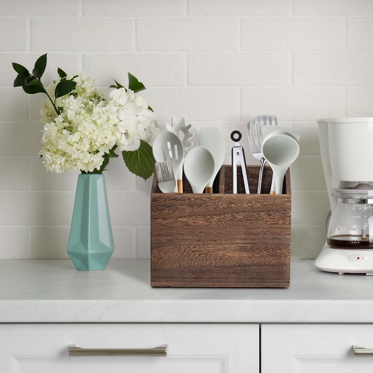 Wooden Kitchen Utensil Caddy With 2 Compartments, Rustic Kitchen Utensil Holder for Kitchen Countertop, Wood Utensil Crock Organizer Box for Farmhouse Kitchen Decor (brown) - WoodArtSupply