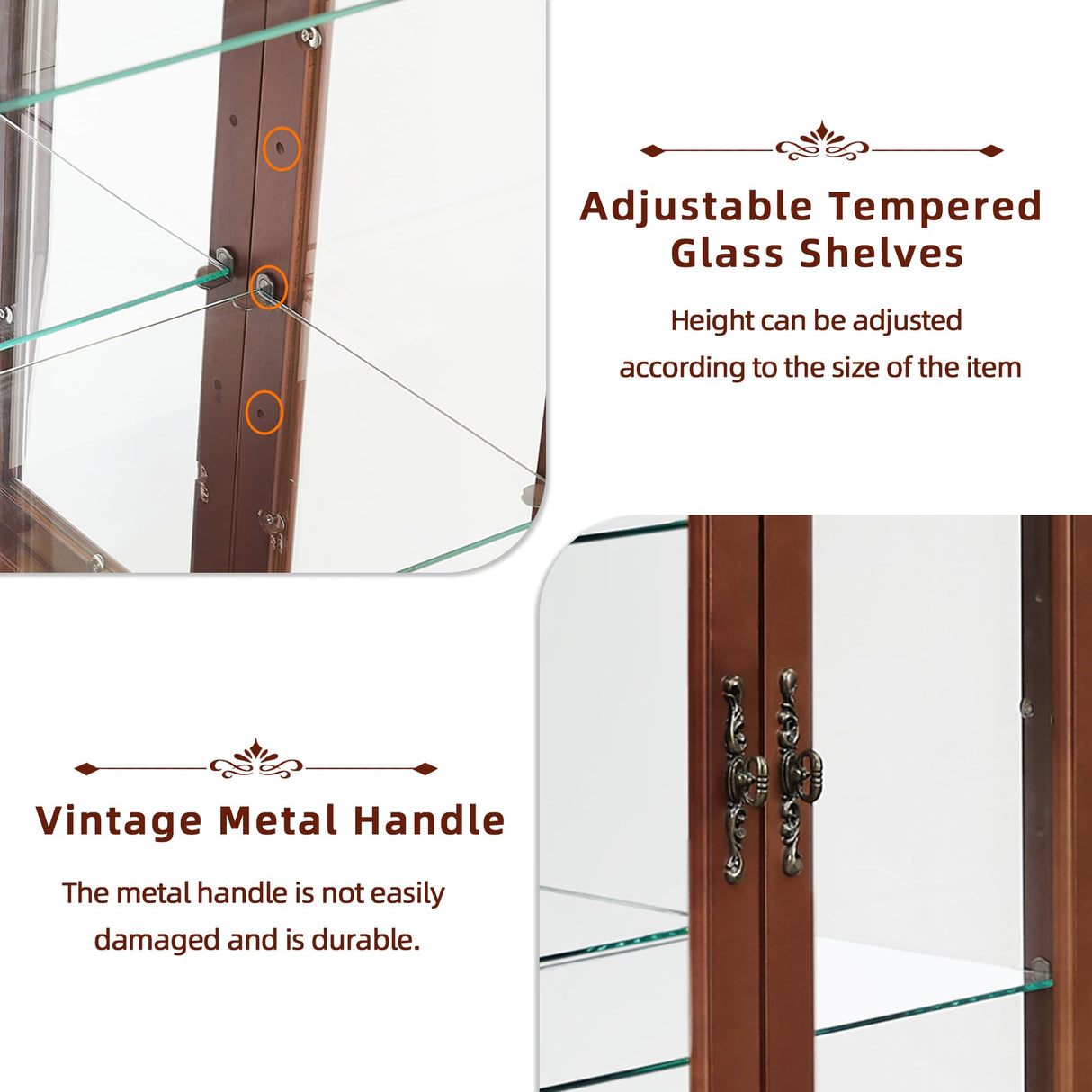 Dolonm Curio Cabinet with Tempered Glass Doors, Curio Cabinets with Mirrored Back Panel and Adjustable Shelves, Lighted Display Cabinet for Home, Dolonm