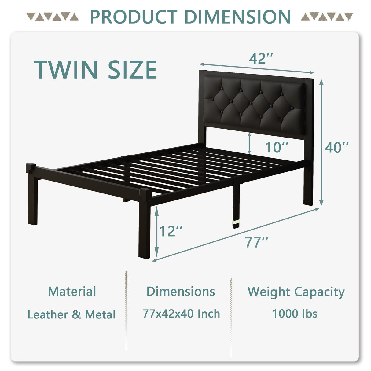 Feonase Twin Size Metal Bed Frame with Faux Leather Button Tufted Headboard, Heavy-Duty Platform Bed Frame with 12" Storage, Steel Slats Support, No Box Spring Needed, Noise Free, Black Feonase