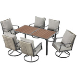 EROMMY 7-Piece Outdoor Dining Set, 6 Swivel Wicker Chairs with Thick Cushions & Wood-Like Dining Table with Umbrella Hole, Patio Furniture Set for Porch, Garden, Backyard, Poolside, Deck, Grey EROMMY
