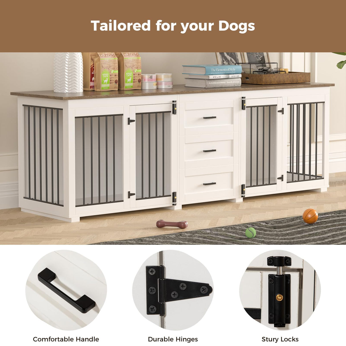 ADOFFUR 94.5" Large Dog Crate Furniture for 2 Dogs, Wooden Double Dog Kennel Furniture with 3 Drawers, Heavy Duty Indoor Furniture Style Dog Crate/TV Stand - White ADOFFUR