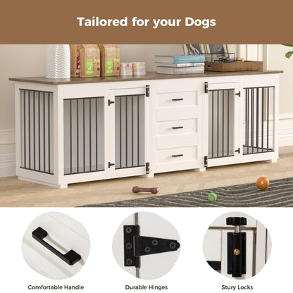 ADOFFUR 94.5" Large Dog Crate Furniture for 2 Dogs, Wooden Double Dog Kennel Furniture with 3 Drawers, Heavy Duty Indoor Furniture Style Dog Crate/TV Stand - White