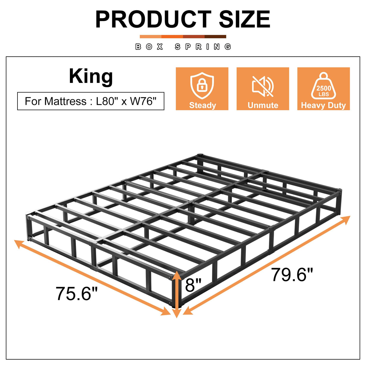 EMODA King Box Spring 8 Inch Heavy Duty Bed Base Metal Mattress Foundation with Fabric Cover, 3000lbs Max Weight Capacity, Noise Free, Easy Assembly EMODA