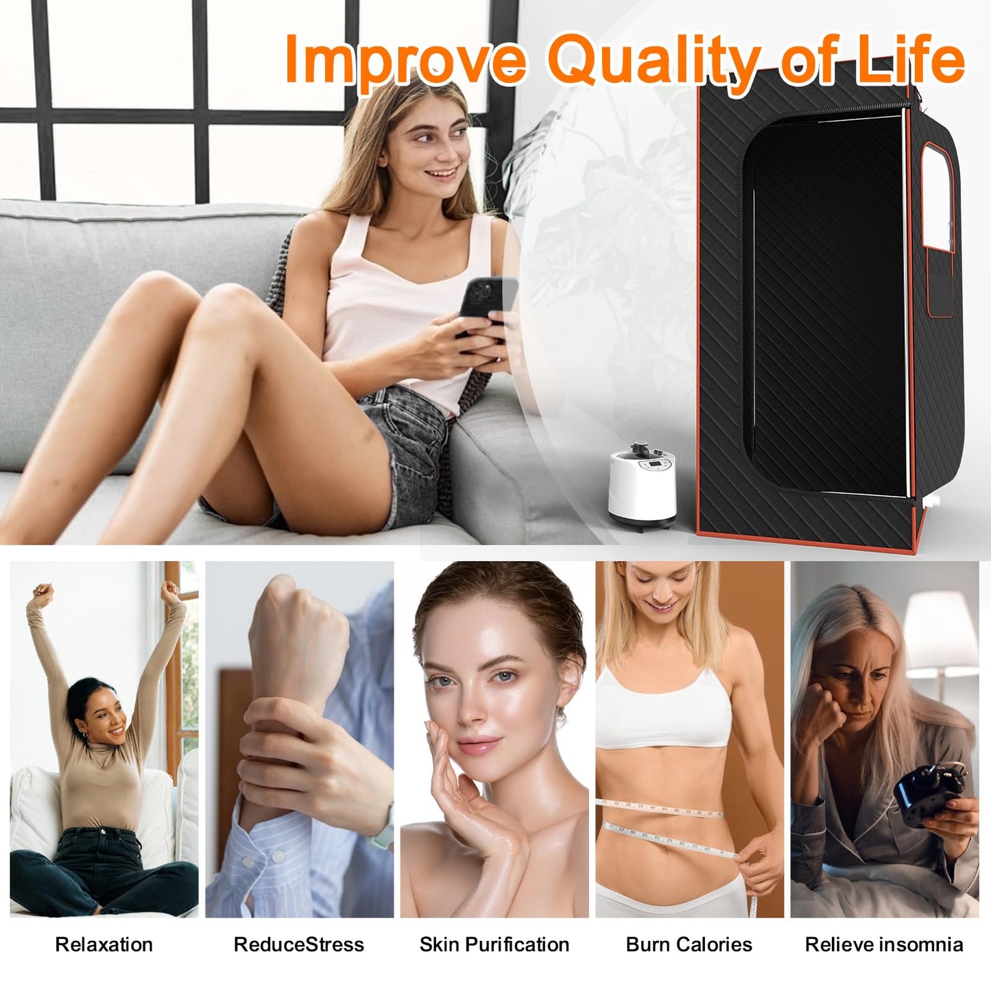 AgiiMan Portable Sauna Box, Portable Infrared Sauna for Home with 3L Steamer, Remote Control, Folding Chair and Mat, Full Size Personal Steam Sauna Tent for Wellness & Relaxation, Orange