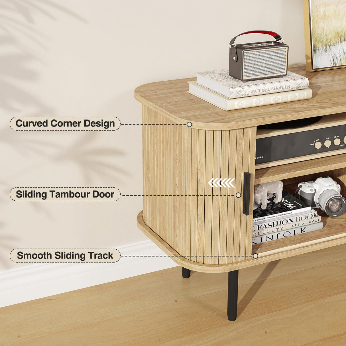 FiveWillowise 47" Natural Fluted TV Stand for TVs up to 60 Inch, Gaming Entertainment Center with Tambour Slatted Sliding Doors and Storage Cabinet, Media TV Consoles Table for Living Room, Office FiveWillowise