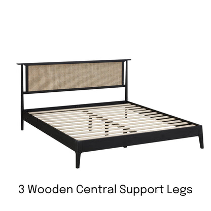 NTC Ruby Queen Bed Frame with Natural Rattan and Solid Oak, Effortless Assembly, Silent Slats - Burnt Black - WoodArtSupply