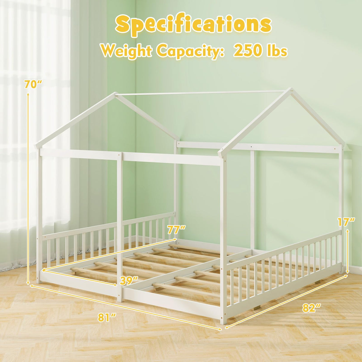 KOMFOTT Double Twin Floor House Bed, House Platform Beds for 2 Kids, Double Montessori Floor Bed with Safety Guardrails, No Box Spring Needed, Wooden Slat Supported Twin Floor Bed (White) KOMFOTT