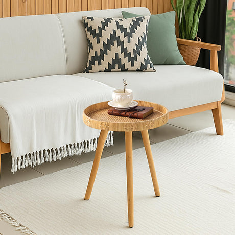HuiDao Round Side Table, Boho Circle End Table Coffee Table with Solid Wood Leg, Rattan Side Tables Living Room for Small Spaces, Bedroom, Corners HuiDao