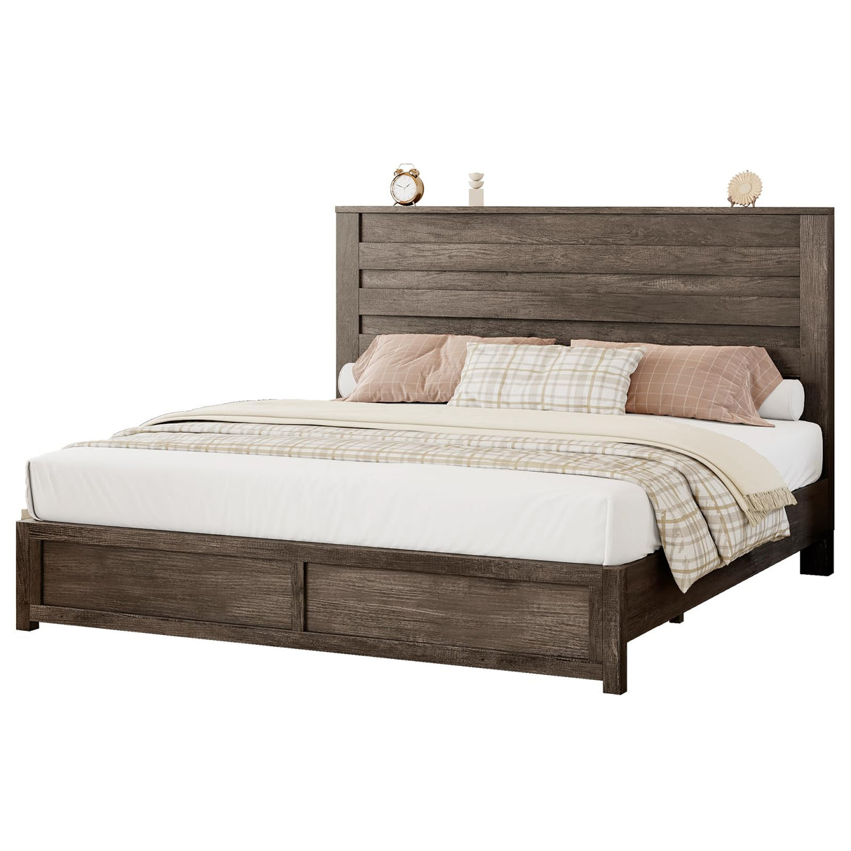 Albott Rustic Grey King Size Wood Platform Bed Frame with Slatted Headboard and No Box Spring Needed Albott