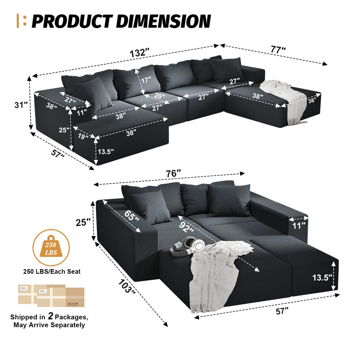 MJQFVM 132'' Oversized Cloud Couch, Upholstered Modular Sectional Sofa with 6 Pillows, Deep Seat Chenille Couches for Living Room, Free Combination, No Assembly Required (Black) MJQFVM