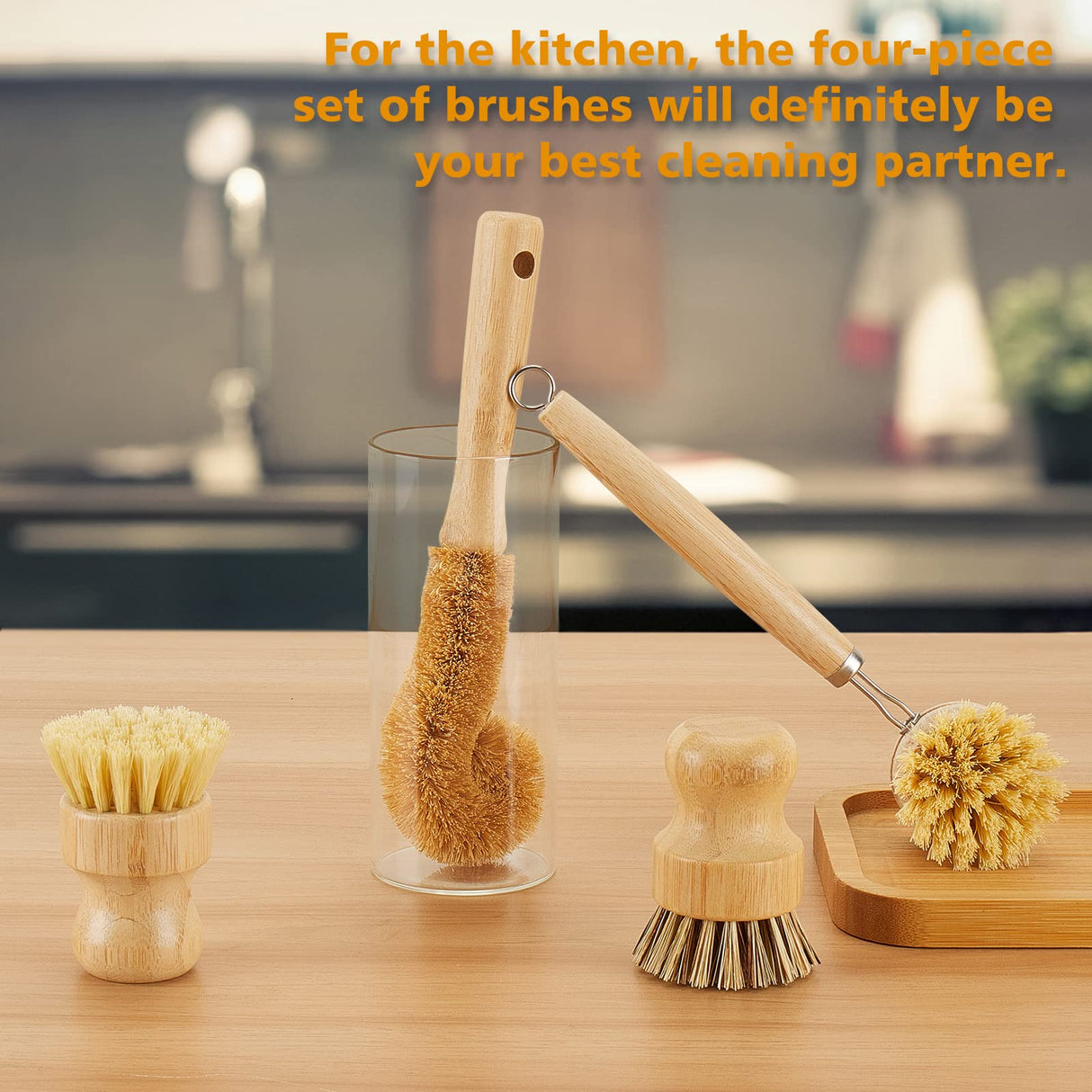 SAMEBUTECO Bamboo Dish Brushes Sets 4 Tools in One Kitchen Clean Dish Scrubber for Pots Pans Bottles with Natural Bristles (Bamboo Brushes Sets) SAMEBUTECO