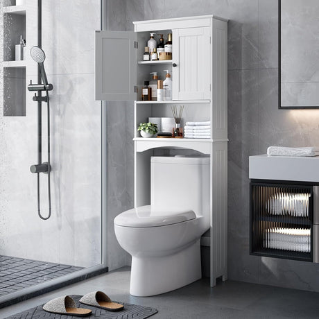 Bealife Over The Toilet Storage Cabinet with Open Shelf, Organizer with Adjustable Shelf and Double Doors,Over The Toilet Storage Shelf Free Standing- White Bealife