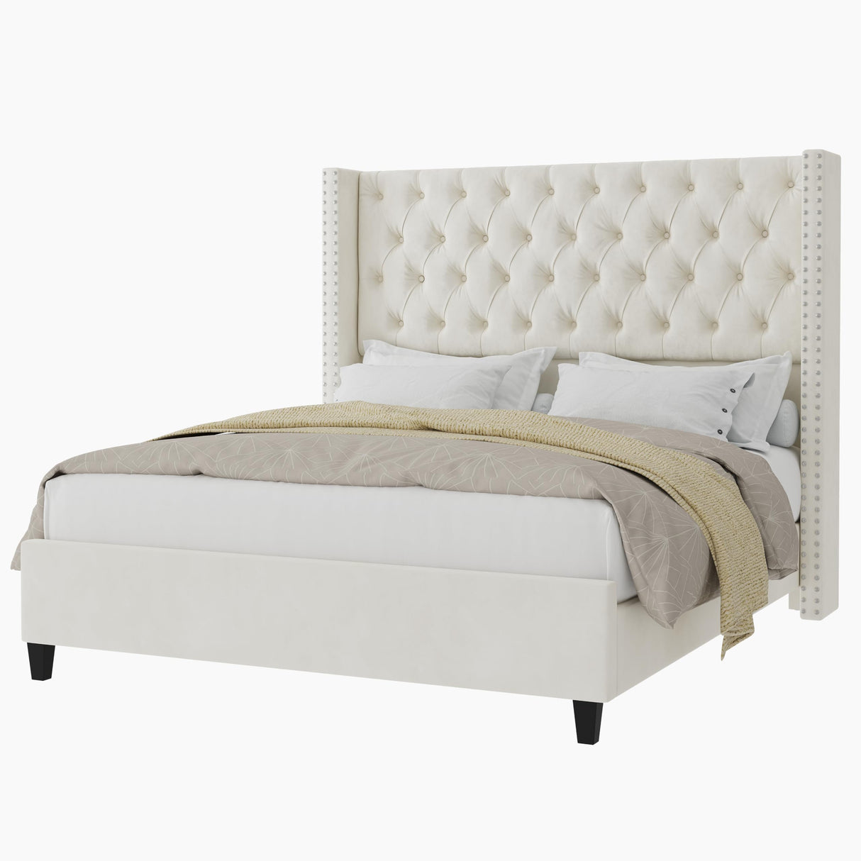 Jocisland Queen Size Bed Frame Velvet Upholstered Platform Bed with 51.6" Tall Wingback Headboard Deep Button Tufted, No Box Spring Needed, Cream Jocisland