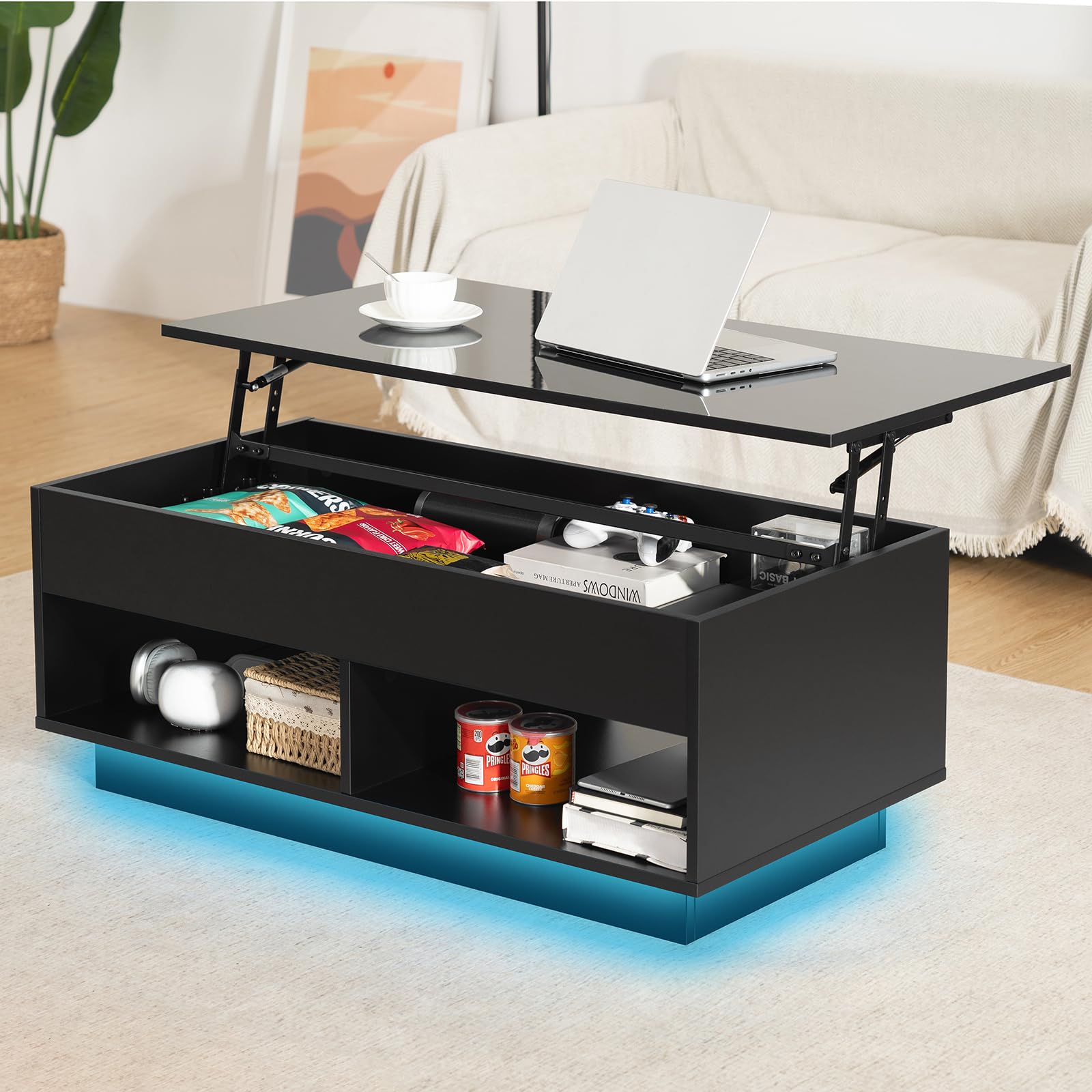 LED Coffee Table for Living Room Lift Top Coffee Tables with Storage Morden High Gloss 4 Tiers Black Tea Table Center Tables Sofa Hidden Compartment & 2 Open Shelve - WoodArtSupply