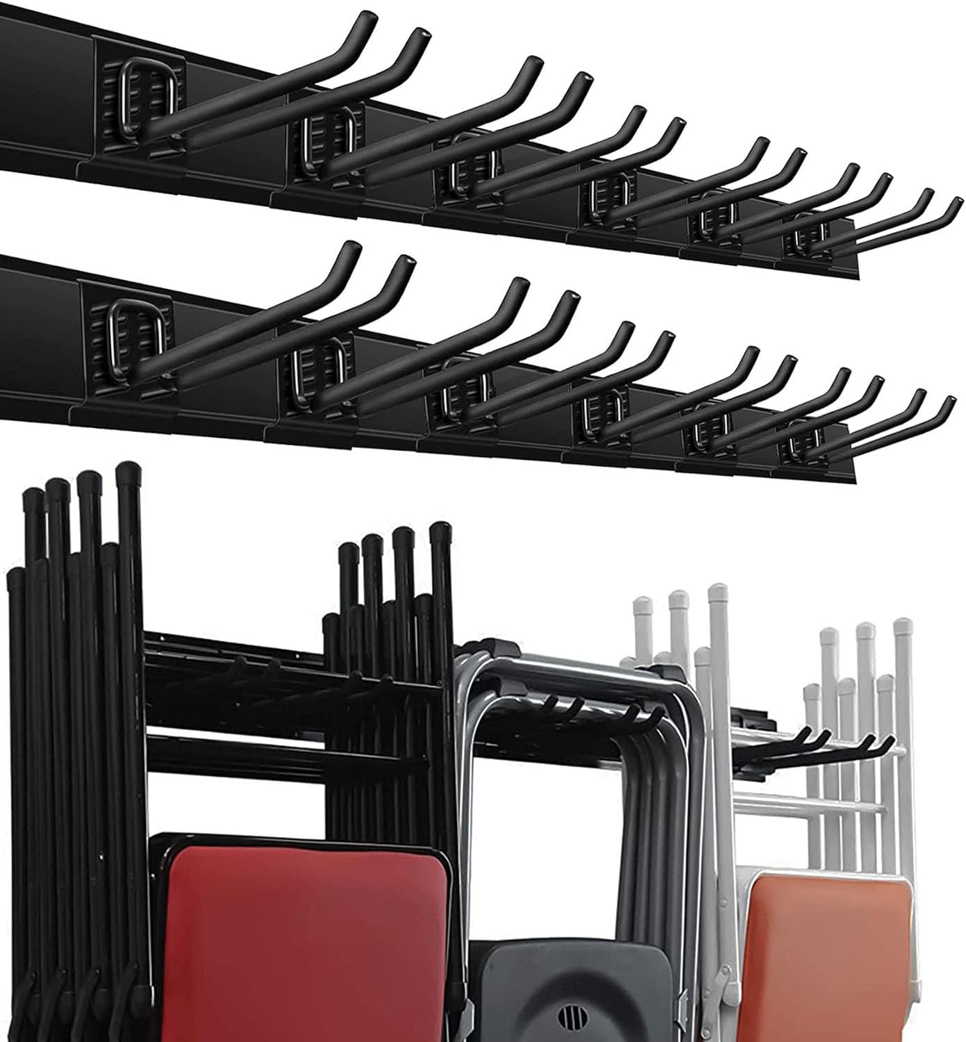 Wallmaster Garage Storage Organization Wall Mount, Garden Tool Rack Organizer Heavy Duty Folding Chair Hangers with 12 Adjustable Hooks 96inch Tracks Max Load 530lb - WoodArtSupply