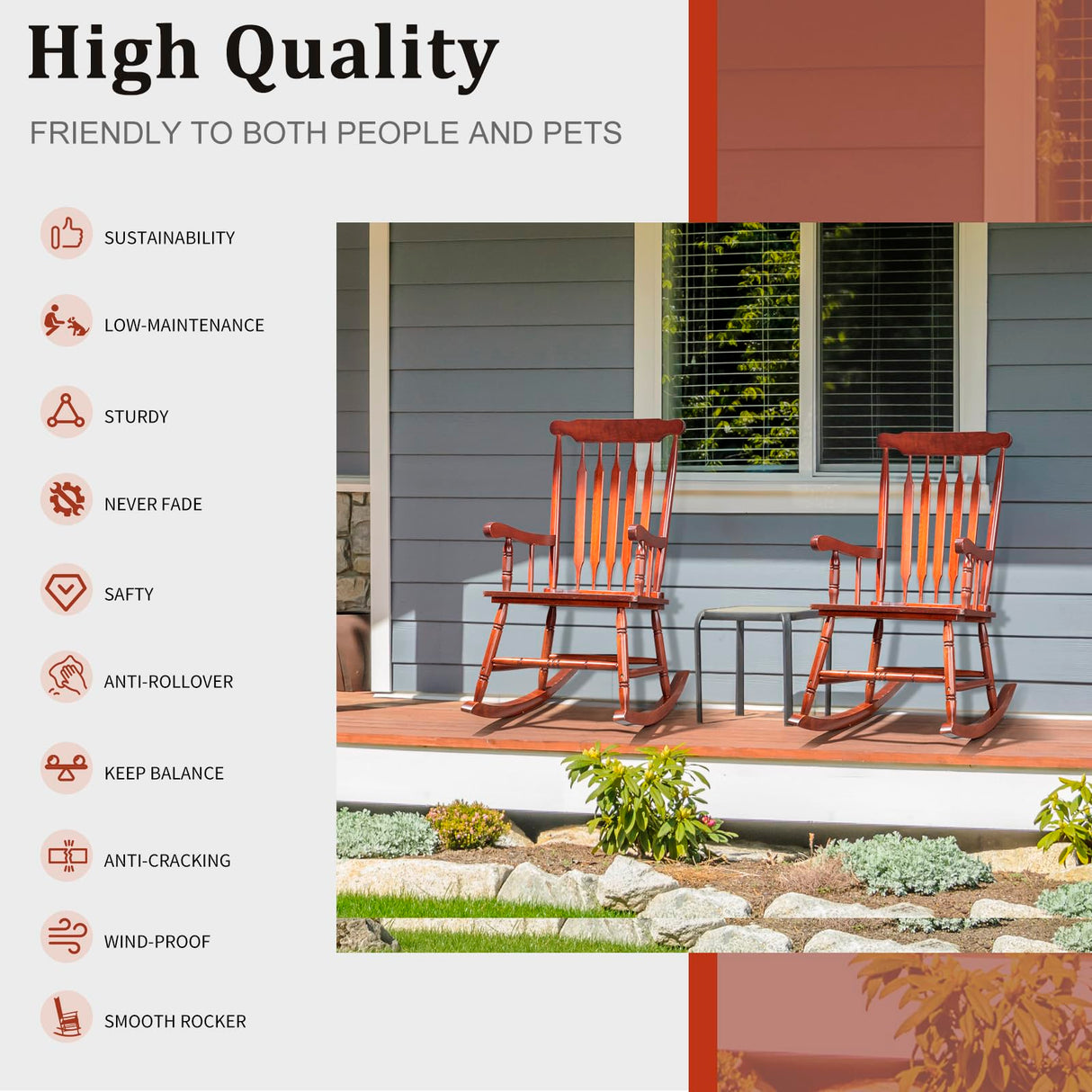 VINGLI Solid Wooden Rocking Chair, Outdoor Rocking Chair with Higher Backrest, Patio Rocker with Comfortable Seat, All Weather Rocking Chair for Garden, Yard, Balcony, Brown VINGLI