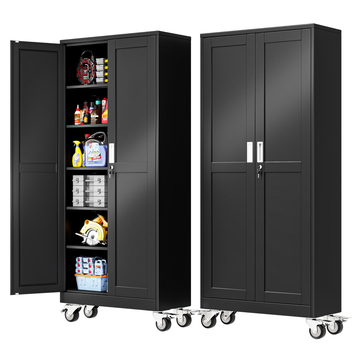 PAOFIN 75''H Metal Garage Storage Cabinet with Wheels,Steel File Cabinets with 2 Doors and 5 Adjustable Shelves for Home Office, Warehouse, Required Assembly,Black PAOFIN