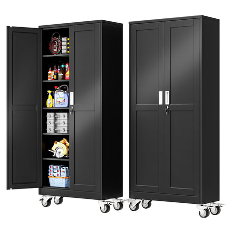 PAOFIN 75''H Metal Garage Storage Cabinet with Wheels,Steel File Cabinets with 2 Doors and 5 Adjustable Shelves for Home Office, Warehouse, Required Assembly,Black PAOFIN