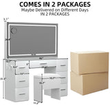 VALONDINO Makeup Vanity Desk with Power Outlet, 46'' Glass Top Vanity Set, 7 Drawers Vanity Table with Cushioned Stool, 3 Lighting Modes Brightness Adjustable,White VALONDINO