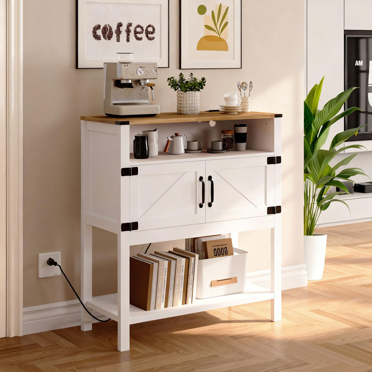 M METERXITY Console Table with Outlets, Farmhouse Coffee Bar Cabinet, 31.5 l x 13.8 D x 35.5 H, Entryway Table with Storage Cabinets for Living Room, Couch, Hallway, Foyer, Kitchen (White) M METERXITY