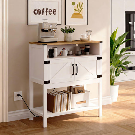 M METERXITY Console Table with Outlets, Farmhouse Coffee Bar Cabinet, 31.5 l x 13.8 D x 35.5 H, Entryway Table with Storage Cabinets for Living Room, Couch, Hallway, Foyer, Kitchen (White) M METERXITY