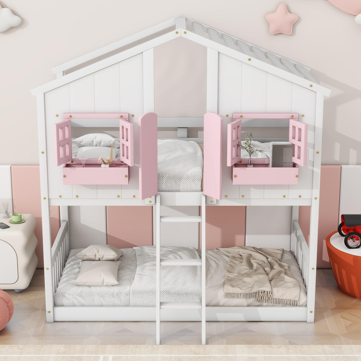 DNChuan Floor House Bunk Bed with Roof and Window,Built-in Storage Box,Wooden Guardrails with Door/Ladder,Low Bunker Bed Twin Over Twin for Kids Girls Boys,Pink/White DNChuan