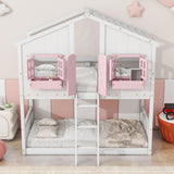 DNChuan Floor House Bunk Bed with Roof and Window,Built-in Storage Box,Wooden Guardrails with Door/Ladder,Low Bunker Bed Twin Over Twin for Kids Girls Boys,Pink/White DNChuan