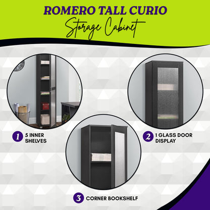 Kings Brand Furniture Romero Tall Curio Storage Cabinet - Tall Bookshelf Perfect for Living Room, Kitchen, Bedroom & Office - Storage Cabinet with 5 Storage Shelving & 1 Glass Door Display - Black