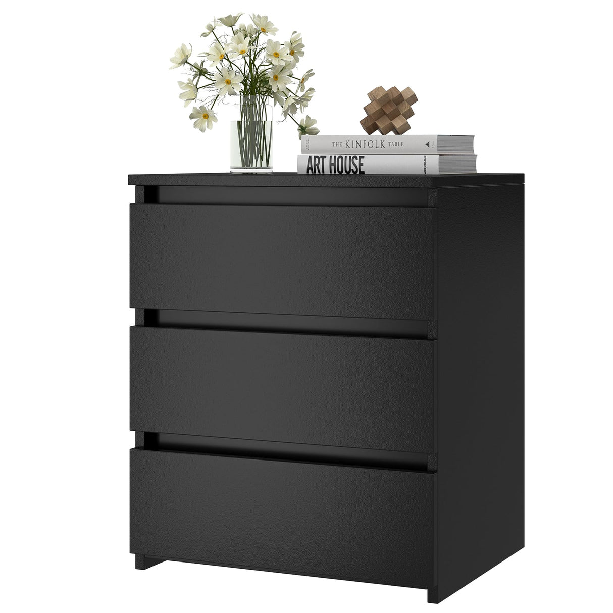 FOTOSOK Black Nightstand with 3 Drawers, Black Bedside Table Night Stand for Bedroom with Cut-Out Handle, Sofa Side Table 3 Drawer Nightstand for Bedroom, 17.7W*15D*21.7H FOTOSOK