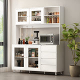 ECACAD Freestanding Kitchen Pantry Storage Cabinet with 4 Glass Doors, Shelves & 4 Drawers, Modern Sideboard Buffet Cabinet, Wood Kitchen Cupboard with Hutch and Hooks, White ECACAD